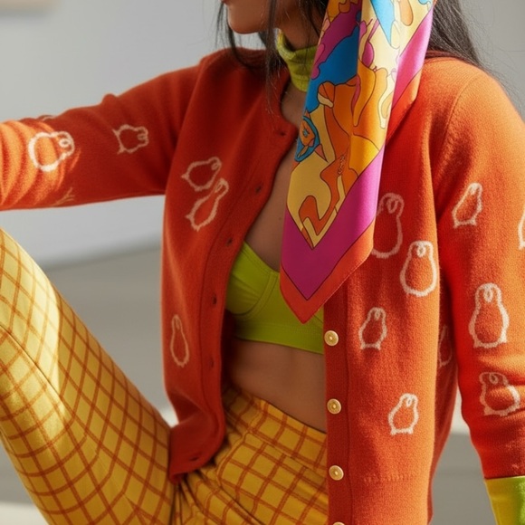 Field Flower Anthropologie Penguin Print Red Cardigan Sweater Cashmere Blend S - Picture 2 of 9